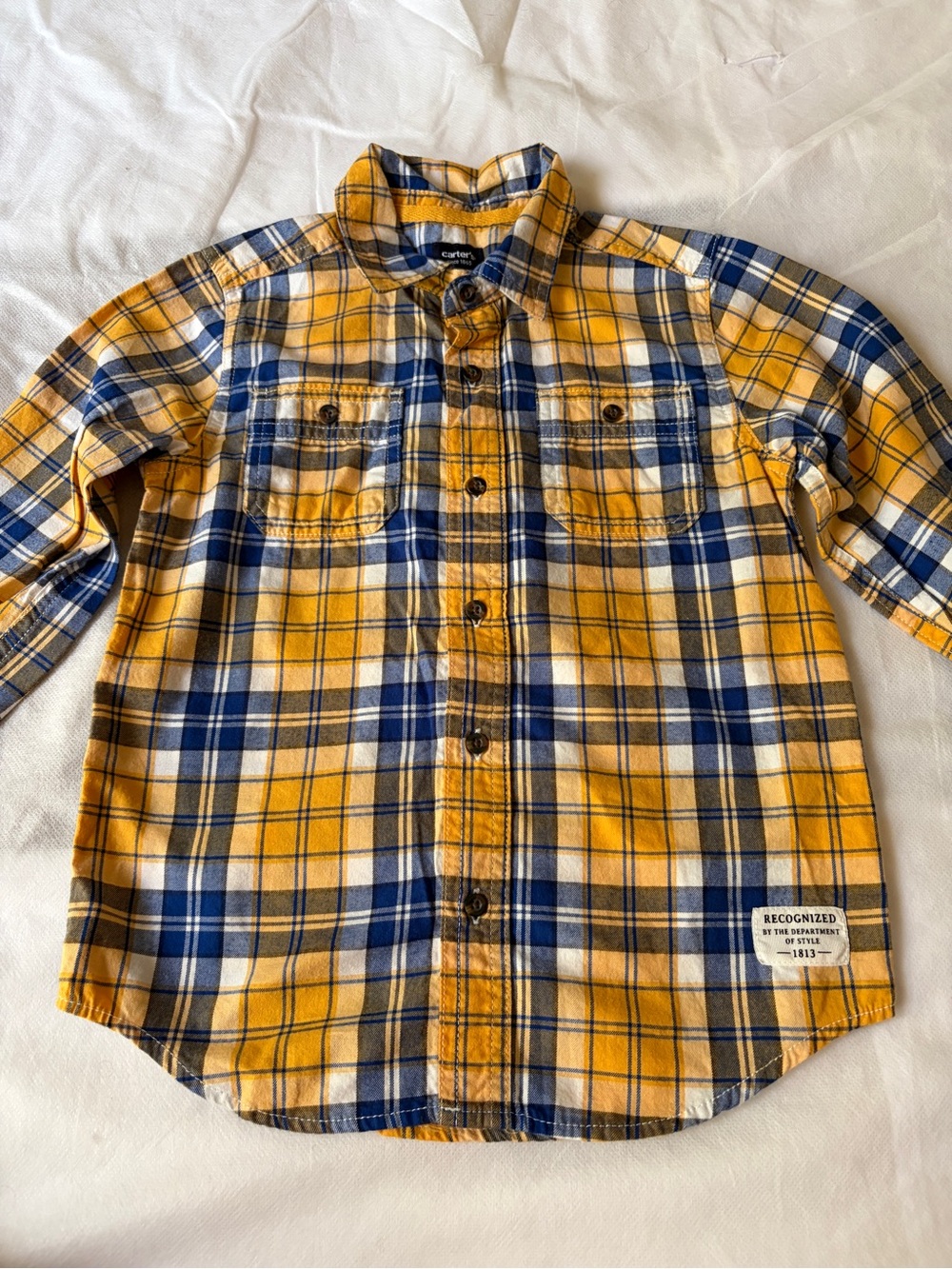 Carter’s Boys Plaid Button Down Shirt Size 6 Yellow Long Sleeve Flannel Style